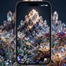 android with back to the camera at night, looking up at a glowing mountain of crystal and gemstone, glass flowers, alien flora, digital art, illustration, dramatic lighting, forced perspective, closeup, stylized
