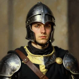 Medium closeup young idealistic and pious male Imperial soldier wearing a black tabard with light yellow accents over a gambeson and a steel open helm, by Raymond Swanland Greg Rutkowski Lise Deharm, {perfect face}, {perfect eyes}