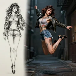 tattooed pinup girl samara weaving wearing a jacket and ripped shorts jumping in a dark street, character sheet, character design,, contrast, deep focus, turnaround, highly detailed, dramatic lighting, digital painting, artstation, concept art, matte, sharp focus, illustration, elegant, kim jung gi, art by artgerm and greg rutkowski and alphonse mucha.
