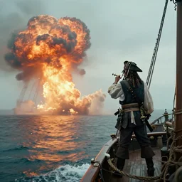 a pirate standing on his ship, watching big explosions on the sea, beautiful atmosphere, haze