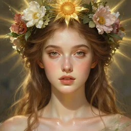 perfectly feminine face!! full body portrait of young fairy earth goddess blessed by nature, floral sunlight crown, light brown hair, symmetrical! intricate, sensual features, dewy skin, reflective skin, highly detailed, divine holy perfection!! digital painting, artstation, concept art, smooth, sharp focus, warm lighting, illustration, art by artgerm and greg rutkowski and alphonse mucha