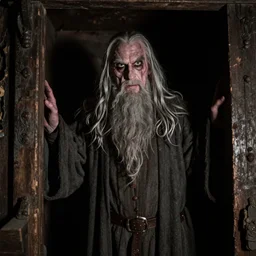 grainy photo of gandalf as a creepy monster in a closet, harsh flash