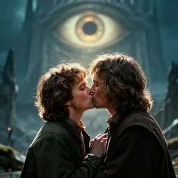 frodo kissing samwise, with mordor and the eye of sauron in the background, backlit, dramatic lighting, cinematic, art by boris vallejo, peter mohrbacher, alex flores, greg rutkowski