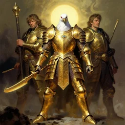 a badass fantasy pidgeon wearing ritual golden armor by frank frazetta, larry elmore, jeff easley and ross tran