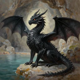 ! dream a black dragon sitting, highly detailed oil painting of a hotspring in cave, featured on artstation