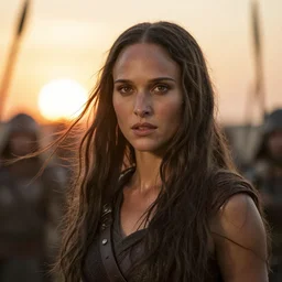 epic photo of natalie portman as beautiful barbarian warrior queen with long straight black hair blowing in the wind in a battle scene, sweaty, detailed eyes, neutral expression, shallow depth of field, photorealistic, cinematic lighting, lovely bokeh, warm colours, sunset south, strong rim light, movie quality, willow 1 9 8 5, movie still