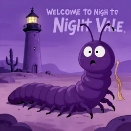 don bluth, norman rockwell, joshua middleton, purple color pallete, welcome to night vale, lighthouse in the desert, giant centipede, spooky strange weird quirky, cartoon, 2 d, shades of purple