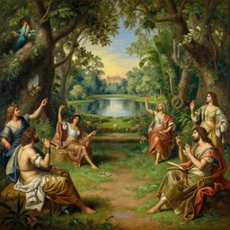 a beautiful neoclassical painting of a group of artists celebrating art and aesthetics in a lush garden with huge trees and lake in central india. baroque art, trending on artstation, featured on pixiv, masterpiece, oil on canvas, cinematic composition, brilliant lighting, sharp, intricate, hyper - detailed, 8 k
