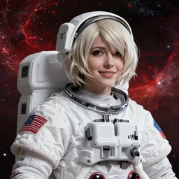 highly detailed portrait of a hopeful pretty astronaut lady with a wavy blonde hair, by Fabio Hurtado, 4k resolution, nier:automata inspired, bravely default inspired, vibrant but dreary but upflifting red, black and white color scheme!!! ((Space nebula background))