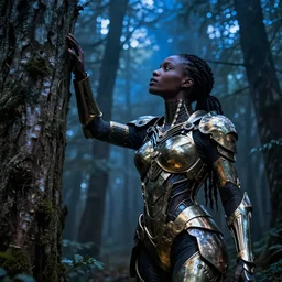 hyperrealistic expressive! black woman with detailed exoskeleton armor, touching tree in a forest, concept art masterpiece brad kunkle hannah yata dramatic blue light low angle hd 8k sharp focus