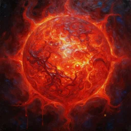red cosmic sun with a powerful aura, oil paint, heavy texture, extreme detail, veins, dripping, flowing, perfectionism, ultra - hd, super - resolution, massive scale, artstation, dark tones, cosmic horror
