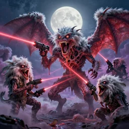 concept art of gargoyle attack, lovecraftian, lots of teeth, melting horror, fluffy feathers, round moon, rich clouds, fighting the horrors of the unknown with laser guns, high resolution, very detailed, colorful, vibrant, screaming