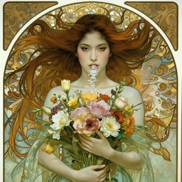 closeup portrait of a beautiful mysterious thai fairy, holding a bouquet of flowers, hands disappeared under the bouquet, flowing hair, underwater, bubbles from the mouth, fantasy, regal, intricate, art nouveau, swirly intricate linework background by stanley artgerm lau, greg rutkowski, thomas kinkade, alphonse mucha, loish, norman rockwell