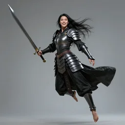 female vampire warrior, full body portrait, realistic, sharp teeth, grinning, muscular, flying, barefoot, exposed feet, black full plate armor, historical armor, covered chest, metal mask, huge two - handed sword, claymore, ghostblade, wlop, asian fantasy.