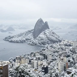 the city of rio de janeiro covered in snow, winter photograph, snowing, wide shot, landscape, 4 k, award winning photograph, beautiful, trending on instagram