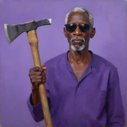 old black man holding pick axe in hand, shades of purple, oil painting by aaron douglas,
