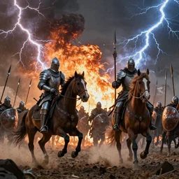 battle of two gollums on horses, knights, army, fiery hurricane, lightning, battle, shields, spears
