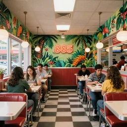 1 9 8 5 tropical jungle themed classic american diner, people sitting at tables, junglecore, one point perspective, americana, restaurant interior photography, 8 5 mm