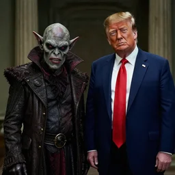 a gritty real life image of the goblin king and donald trump together
