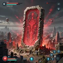 a huge towering and broken stone tablet with red light + alien pattern, stands in the center of a prosperous city at the end of the world, and the power and energy is explode, secret, mysterious, doomsday, landscape, video game control, quantum break, arknights,