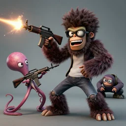 photograph, highly detailed, Gorillaz, Murdoc is being attacked by a squid, Noodle is firing an assault rifle, 2-D is cowering in the background