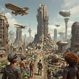 cinematic still of hyper detailed greeble hard surface modelled 3 d afro futurist cityscape, biplanes flying, airships, elite dangerous ships, deep perspective, wide angle, insanely detailed and intricate, ornate patterned people, by sir james guthrie and bill sienkiewicz