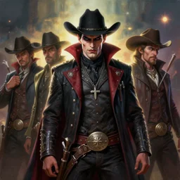 beautiful painting of  a cowboy vampire gang 8k ultra realistic , lens flare, atmosphere, glow, detailed,intricate, full of colour, cinematic lighting, trending on artstation, 4k, hyperrealistic, focused, extreme details,unreal engine 5, cinematic, masterpiece