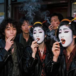 Street photography, a close up of several people leaving a seedy nightclub at 5am, they are smoking, someone is screaming, Kabuki makeup, Kodachrome