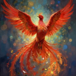 the beautiful solarpunk phoenix, aesthetic red bird, volumetric light, bokeh, painting by greg rutkowski by alphonse mucha