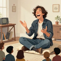 an awesome jean giraud digital art masterpiece of timothy leary laughing while sitting cross - legged on a pillow and giving a talk to a small audience