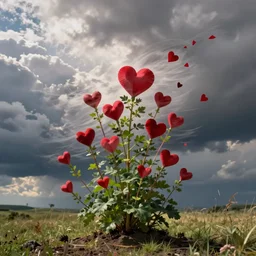 A picture of a plant with hearts in place of flowers, blown in the wind with some of the hearts flying with the wind