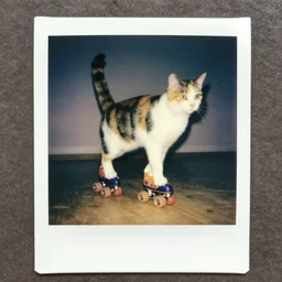 a calico cat trying to rollerskate, eighties polaroid
