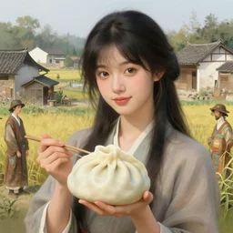 beautiful beautiful girl holding a big dumpling, village, highly detailed, digital painting, artstation, sharp focus, illustration, art by tan zi and ayanamikodon and alphonse mucha and wlop