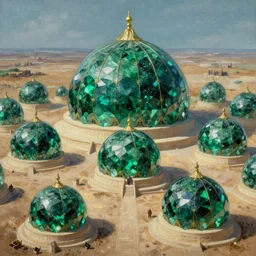 hyper detailed painting of domes made of the most brilliant green emeralds in the universe, sprawling across majestic parched plains, by francisco goya and rembrandt, unsettling, mysterious, by stephan martiniere and alexander fedosav, hyperrealism, 8 k resolution, behance hd, artstation, nightcafe