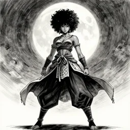 symmetrical, female instagram model in afro samurai anime style, dynamic wide angle lens, manga style, greg rutkowski, pencil and ink, full moon lighting, fully clothed