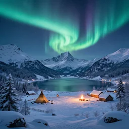 beautiful render of a winter landscape, unreal engine, night, majestic snowy mountains, lake, aurora borealis, stars, teepee, village, campfire, soft light, by greg rutkowski, cgsociety - n 5