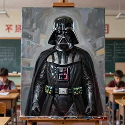 “painting of Darth Vader in school, movie scene, ultra realistic”