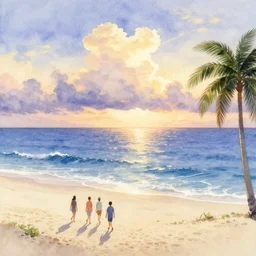 people going for a soothing walk on the beach during sunset, the sea is majestic and the water is clean, fluffy clouds reflect off the waves of the ocean, beautiful palm trees, clean sand, watercolor by thomas kinkade and alex flores, trending on artstation