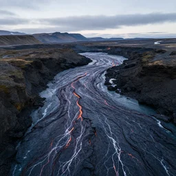 cinematic, bird eye view of lava river at mount fagradalsfjal iceland, kodachromatic, hdr