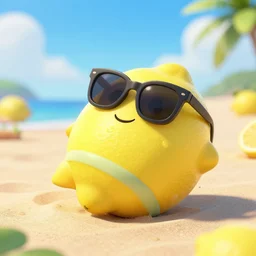a lemon relaxing on a beach and wearing sunglasses, style of pixar, octane render, 4k, 100mm