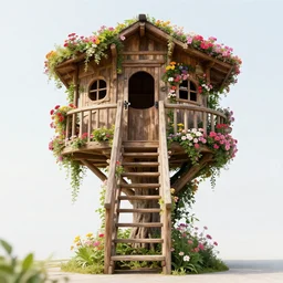 a staircase to a treehouse covered in flowers, hd, high detail, vivid color