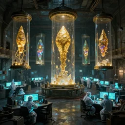 rustic yet enormous SCP (Secure, Contain, Protect) agency interior with bioluminescent office workers in hazmat suits and giant iridescent alien artifacts suspended in cylindrical containers made of gold and quartz by Simon Stalenhag, inspired by Metro 2033 and Silent Hill 4 and Stalker Shadow of Chernobyl and Control the game