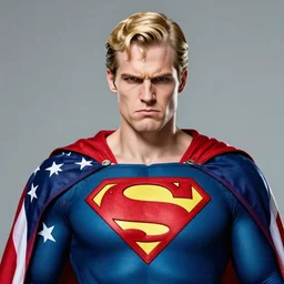 portrait of a evil blonde superman two sides hair and thin face lines, his cape is the american flag, he is angry
