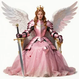 gorgeous!! hyper - realistic princess wearing ornate pink knight armor, angel wings l sitting at the thrown, holding a long sword | divine, elegant | illustration | drawn by wlop, drawn by jeehyung lee, drawn by artgerm