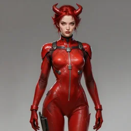 a female demon wearing a skintight red mechanics jumpsuit, intricate, elegant, highly detailed, digital painting, artstation, concept art, smooth, sharp focus, illustration, art by artgerm and greg rutkowski and alphonse mucha, 8 k