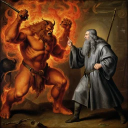 renaissance painting of Gandalf the gray, right, fighting the fiery giant balrog, left, by nicolas poussin