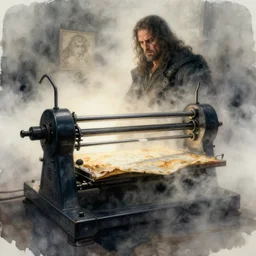 watercolor blade machine in fog boris vallejo, & albrecht durer, fine art masterpiece baked at 3 0 0 f, matte painting, backlit dystopian lighting, photorealistic render, cinematic,
