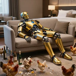 portrait photo of a shiny golden and blue metallic futuristic steampunk humanoid robot sleeping on a sofa in a modern hotel room, many bottles and many chickens all over the floor, messy, pressphoto, insanely detailed, wide shot