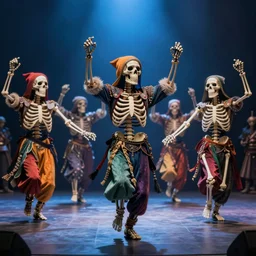 hyperrealistic very cute milticolored medieval skeletons dancing jason limon concept art dramatic blue lighting wide angle hd 8k sharp shallow depth of field