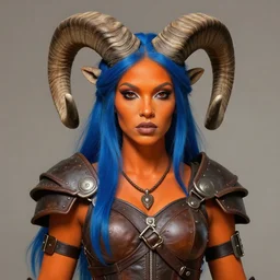 illustrated portrait of beautiful ram-horned woman with orange skin and blue hair wearing leather armor, hyper detailed, photorealistic